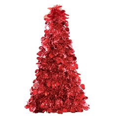 a red tinsel christmas tree on a white background