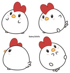 four different types of chickens with hearts on their heads and noses, one in the shape of