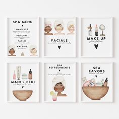 four different types of facial care cards on a white background with the words spa menu