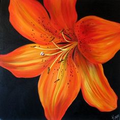 an orange flower on a black background is shown in the painting, it appears to be painted with acrylic paint