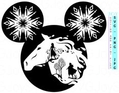 mickey mouse head with snowflakes on it's ears in black and white