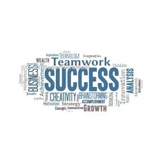 word cloud with the words teamwork, success and growth in blue on a white background