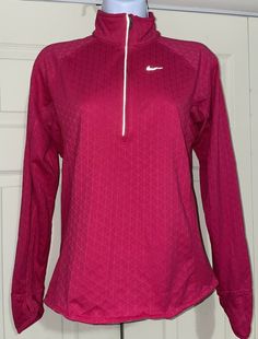 Women’s Nike Running Dri-Fit Sweatshirt Pullover Zip Up Sweater Back Pocket Pink Size S Pre-owned - Good Condition Small Back Pocket Body: 100% Polyester Mesh: 76% Polyester, 24% Spandex Winter Sports Tops With Long Sleeves, Athleisure Long Sleeve Tops For Sports Season, Stretch Long Sleeve Tops For Sports, Nike Half-zip Winter Top, Nike Winter Half-zip Top, Nike Winter Workout Tops, Nike Workout Tops For Winter, Pink Moisture-wicking Long Sleeve Activewear, Moisture-wicking Crew Neck Tops For Fall