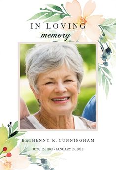 an elderly woman's memorial card with flowers and leaves on the front, in loving memory