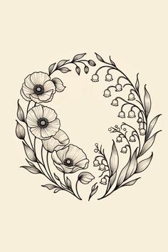 a wreath with flowers and leaves drawn in black ink on a white background, the letter o