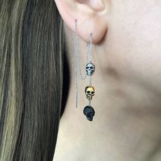 "Beautifully crafted Skulls threader earrings are made of 316L Stainless steel. 3D Skulls hang from the long threader earring. Earrings are very easy to use, just pull thru and set at desired length. Earrings can be wrapped in second piercing, or let it hang . Earrings are 7 1/2\" long from edge to edge. Listing for 1 pair (2 earrings) All items are shipped in a gift box" Hang Earrings, Skull Hanging, Grunge Earrings, Earrings Gothic, Second Piercing, Goth Earrings, Jewelry Gothic, Earrings Chain, Gothic Earrings