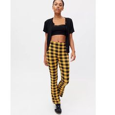 Brand New Retro Yellow Pants For Fall, Fitted Gingham Pants For Fall, Yellow Retro Pants For Fall, Fitted Yellow Bottoms From Urban Outfitters, Cheap Urban Outfitters High-waisted Pants, Urban Outfitters Casual High-waisted Pants, Urban Outfitters Yellow Fitted Bottoms, Urban Outfitters Full-length Stretch Pants, Checkered Pyjama Bottoms