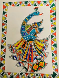 a drawing of a bird with colorful designs on it