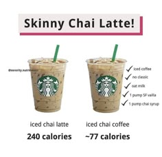 two iced coffees are shown with the names skinnyy chai latte and iced latte