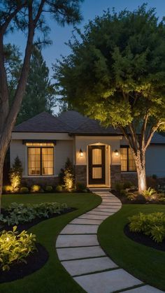 a house with landscaping and trees in the front yard at night, lit up by outdoor lighting