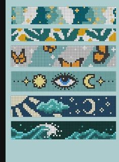 the cross stitch pattern is shown with different colors and shapes, including an eyeball