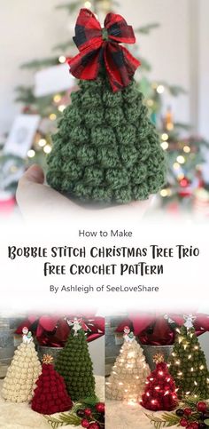 a crocheted christmas tree is shown in three different colors