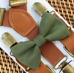 Olive Bow Tie & Cognac Buckle Suspenders Set - The Perfect Wedding Look!Our olive bow tie & brown buckle suspenders is a great choice for family photos, wedding, ring bearer outfit, birthday celebration or any other special occasion. ❤Want to be 100% certain about the color? Simply order a color swatch and we will get one in the mail for you! Click here: https://theboldbowtie.com/search?q=swatch**Care Instructions**~Spot clean with warm water~Not intended for sleep~Do not leave young children un Family Photos Wedding, Wedding Ring Bearer Outfit, Wedding Page Boys, Rustic Wedding Groomsmen, Wedding Ring Bearer, Mens Wedding Attire, Outfit Birthday, Green Bow Tie, Bearer Outfit