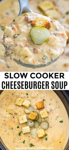 slow cooker cheeseburger soup in a crock pot with crackers on top