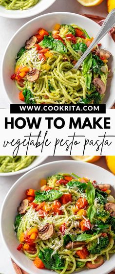 two bowls filled with pesto pasta and vegetables