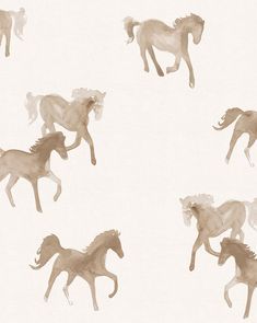 four horses running in the same direction on a white wallpapered room with neutral colors