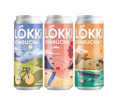 three cans of kombucha beer on a white background with an orange and blue design