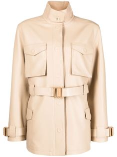 camel leather funnel neck long sleeves concealed front fastening two chest flap pockets two side flap pockets belted waist Off White Clothing, Waist Coat, Single Breasted Coat, Pocket Belt, Funnel Neck, Funnel, Outerwear Jackets, Single Breasted, Dream Closet