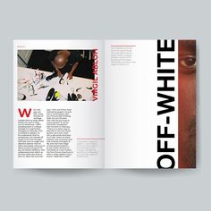 an open magazine with the title off white on it's front and back pages