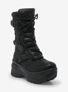 Kick down the door and show 'em how tough you are with these black boots! This moto-inspired pair features padded paneling and an interior zipper.Listed in women's sizes.2'' - 3 12'' platformPolyurethane upper; rubber soleImported Alternative Black Platform Boots For Winter, Black Alternative Style Platform Boots For Winter, Black Winter Boots With Alternative Style, Edgy Black Platform Boots For Winter, Alternative Black Winter Boots, Alternative Style Black Winter Boots, Black Alternative Style Winter Boots, Black Alternative Style Moto Boots For Winter, Winter Streetwear Combat Boots With Zipper Closure