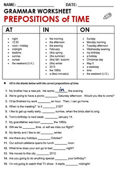 a worksheet with the words prepositions of time on it