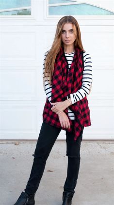 Plaid Draped Vest – Tickled Teal LLC Buffalo Plaid Outfit, Buffalo Plaid Vest, Pick Outfits, Jeans Boots, Plaid Outfits, Plaid Vest, Black Vest, Buffalo Plaid, Fitted Dress