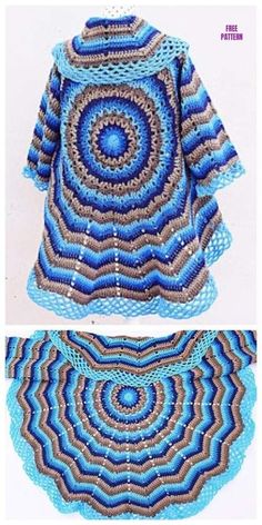 crocheted blue and brown sweater with circular design on the front, and an oval pattern on the back