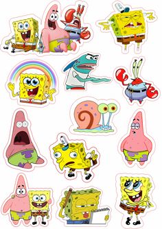 spongebob and friends stickers are shown in various shapes, sizes and colors