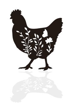 a black and white silhouette of a chicken with flowers on it's back legs