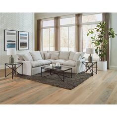 a living room scene with focus on the couch and coffee table in front of the window