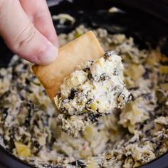 a hand holding a cracker over a pot filled with spinach and artichoke dip