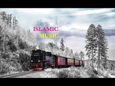 a black and white photo with the words islamic music on it, in front of a train