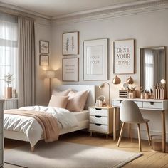 a bedroom with white furniture and pictures on the wall above the bed, along with two desks