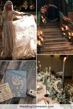 four different pictures with candles and cards on them, including a woman in a wedding dress