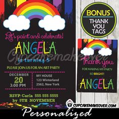 this is an image of a chalkboard birthday party with rainbows and clouds on it