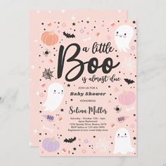 a little boo is about to be halloween baby shower card with ghost and pumpkins on it