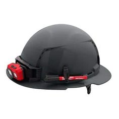 a hard hat with safety equipment attached to the brim and visor on it