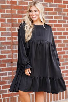 Chic Soul plus size clothing, black long sleeve flowy ruffle dress silky material Casual Black Flowy Smocked Dress, Black Casual Tiered Dress With Ruffles, Black Casual Tiered Mini Dress, Long Sleeve Tiered Babydoll Dress, Plus Size Black Sweater Dress, Beauty Dress, Model Fits, Size Clothing, New Arrival Dress