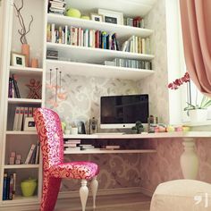 a computer desk with a chair and bookshelf in front of the monitor screen