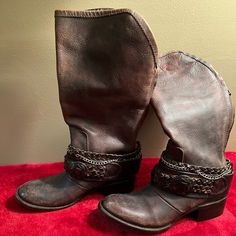 Very Attractive Boot! Rustic Vintage Western Boho Style Boots Back Zip Up And Loose Calf Fit Design. Braided Leather With Chain Detail Ankle Wrap Strap. Only Worn Twice, Excellent Condition Brown 13" Boot Shaft 15.5" Calf Circumference 1.5" Heel Bohemian Moto Boots With Round Toe, Leather Bohemian Boots For Western-themed Events, Leather Pointed Toe Festival Boots, Bohemian Leather Moto Boots Snip Toe, Leather Pointed Toe Boots For Festival, Leather Festival Boots Pointed Toe, Festival Leather Boots With Pointed Toe, Rustic Almond Toe Boots, Leather Ankle-high Boots For Festival