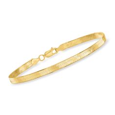 Ross-Simons - 4mm 14kt Yellow Gold Herringbone Bracelet. 7". So sleek! This 4mm herringbone bracelet gleams in luxe 14kt yellow gold and is sure to make a sophisticated statement on the wrist. Worn alone, it will command attention, and when stacked with other favorites it will add a smooth, glossy touch to your chic mix of picks. Lobster clasp, 14kt yellow gold herringbone bracelet. Gold Wardrobe, Herringbone Bracelet, Herringbone Necklace, Natural Gold, Broken Chain, Fine Jewelry Bracelets, Sleek Fashion, Bracelet Set, Womens Jewelry Bracelets