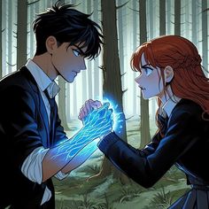 two people standing in the woods looking at each other with glowing hands on their chests