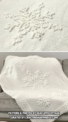 two pictures of white crocheted afghans with snowflakes on them