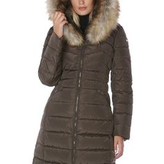 Nwt Never Worn. Very Well Made. Xs. Taupe Color. Keep Warm In A Quilted Puffer That Is Trimmed With Luxurious Faux Fur. - Faux Fur Trimmed Attached Hood - Long Sleeves - Front Zip Closure - Quilted Construction - Dual Front Pockets - Lined - Approx 38" Length Shell 100% Polyester Faux Fur Trim: 74% Acrylic, 26% Modacrylic Machine Wash Fixed Hood With Zip-Detachable Faux Fur Trim Inner Ruched Stand Collar Two-Way Front Zip Closure Two Front Zip Pockets Long Sleeves Drawstring At Back Waist Fur Hood Coat, Long Puffer Coat, Long Puffer, Parka Coat, Fur Hood, Taupe Color, Ladies Boutique, Puffer Coat, Fur Trim