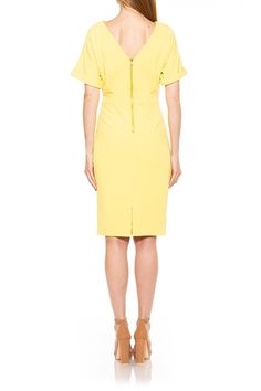 Stylish and sleek, this midi length dress features dolman sleeves and a chic V-back cut.Fit: this style fits true to size. Elegant V-neck Dress With Zipper Closure, Chic Office Dress With Back Zipper, Bodycon V-neck Dress With Side Zipper, Chic V-neck Bodycon Dress With Side Zipper, Elegant Yellow Bodycon Dress For Evening, Elegant Yellow Bodycon Dress, Elegant Yellow Bodycon Evening Dress, Elegant Yellow Office Dress, Sheath Dress With Side Zipper For Night Out