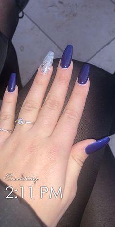 Navy Blue Christmas themed acrylics xxx Navy Blue And Silver Nails Coffin, Navy And Glitter Nails, Navy Blue And Glitter Nails, Navy Blue Nails With Accent Nail, Nails For Midnight Blue Dress, Homecoming Nails For Navy Blue Dress, Navy Graduation Nails, Navy Blue Coffin Nail Ideas, Navy Blue Nail Ideas Simple