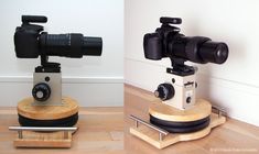 two different views of a camera on a tripod, one with a lens and the other without