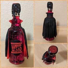 the bottle is red and black with a vampire cape on it's top, and there are three pictures of what appears to be halloween decorations