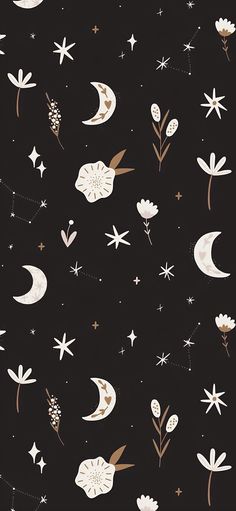 a black background with white flowers and stars