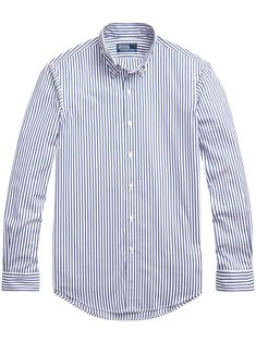 white/blue cotton vertical stripe pattern box-pleat detail classic collar front button fastening long sleeves buttoned cuffs curved hem Blue Long Sleeve Shirt With Contrast Stripes, Spring Cotton Dress Shirt With Striped Collar, Blue Dress Shirt With Striped Collar For Work, Classic Pinstripe Shirt With Contrast Stripes, Classic Button-up Shirt With Striped Cuffs, Classic Striped Shirt For Workwear, Classic Blue Shirt With Striped Collar, Classic Pinstripe Collared Top, Classic Collared Pinstripe Tops